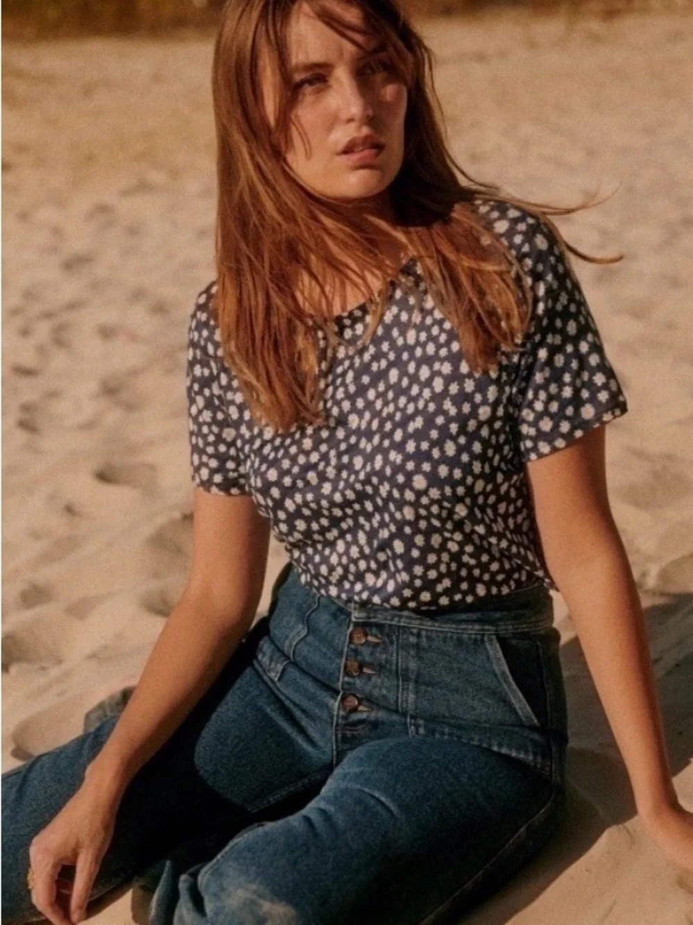Sezane Shirt Andre Navy Blue Floral Short-Sleeve Tee